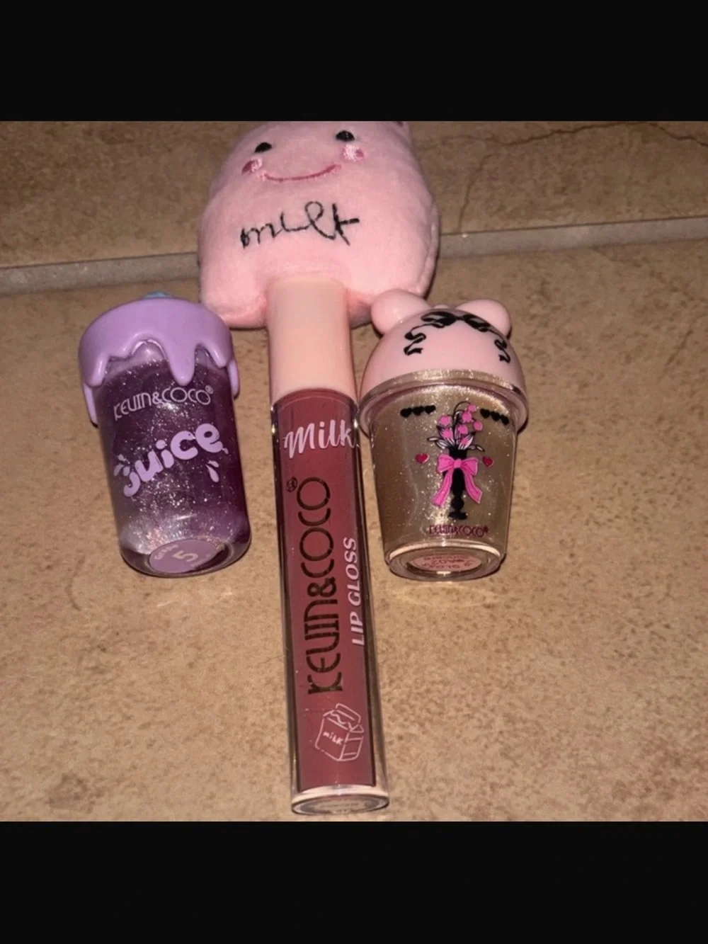 Kawaii Milk Lip Gloss Trio - Pink & Purple Glitter